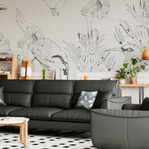 JUSTINE - Papier peint panoramique monochrome oiseaux nature salon