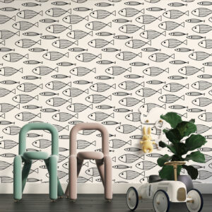 MALO - Papier peint motif poisson noir et blanc chambre enfant