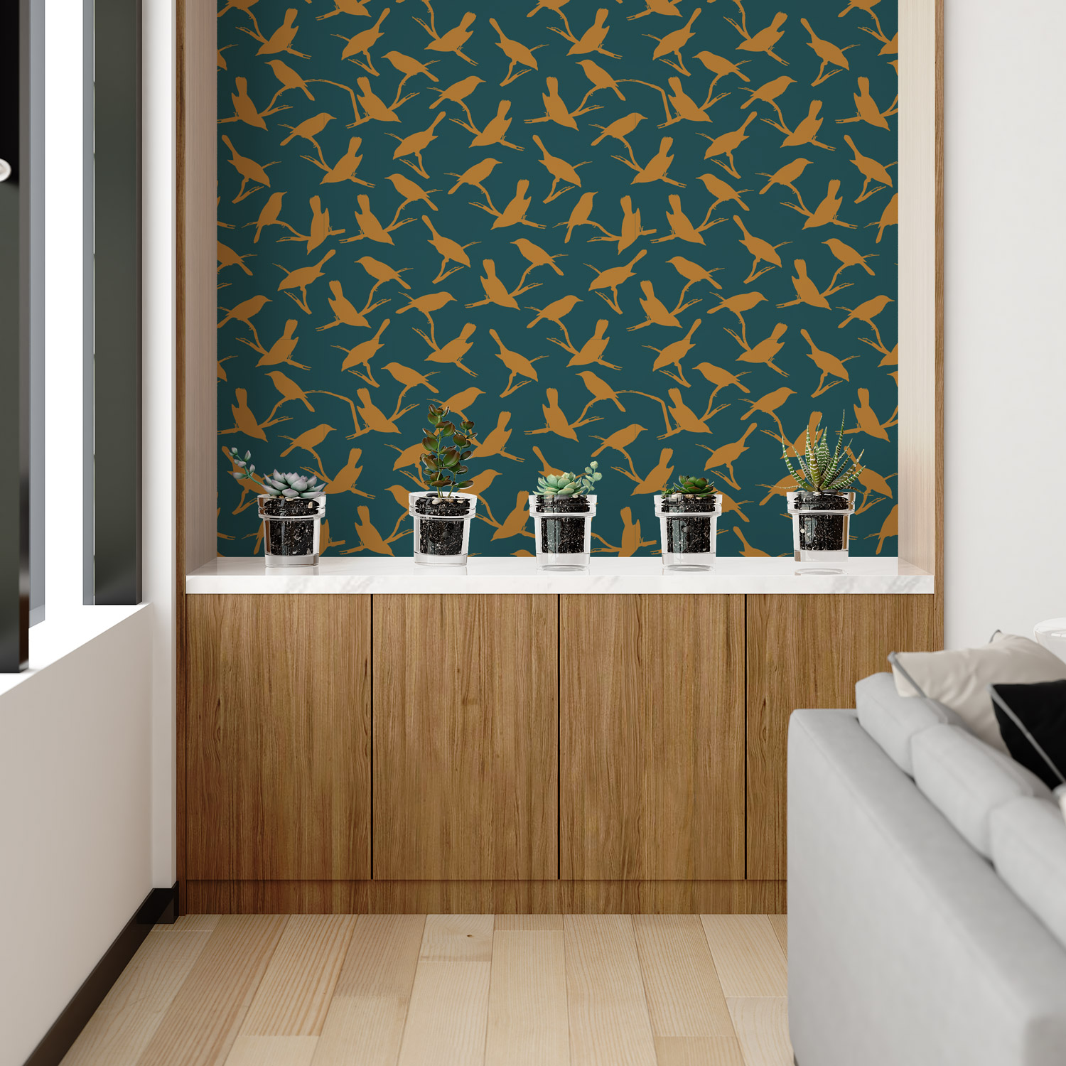 MESANGE - Papier peint motif oiseaux vert alcove salon