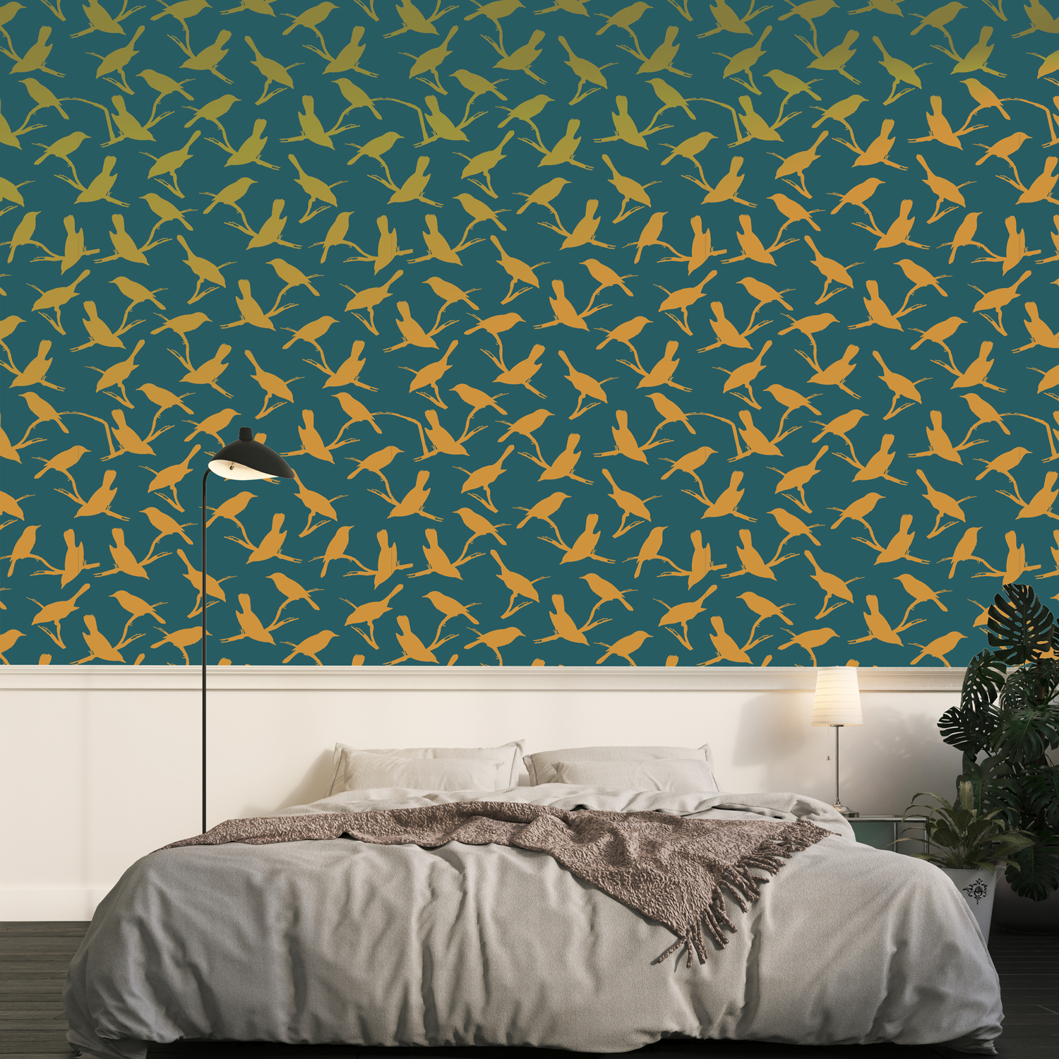 MESANGE - Papier peint motif oiseaux vert