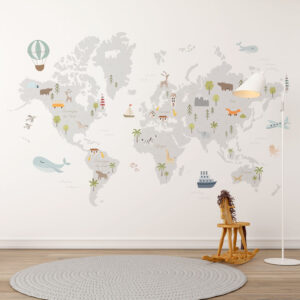 SIMON - Papier peint panoramique carte du monde animaux enfant chambre