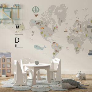 SIMON - Papier peint panoramique carte du monde animaux enfant chambre