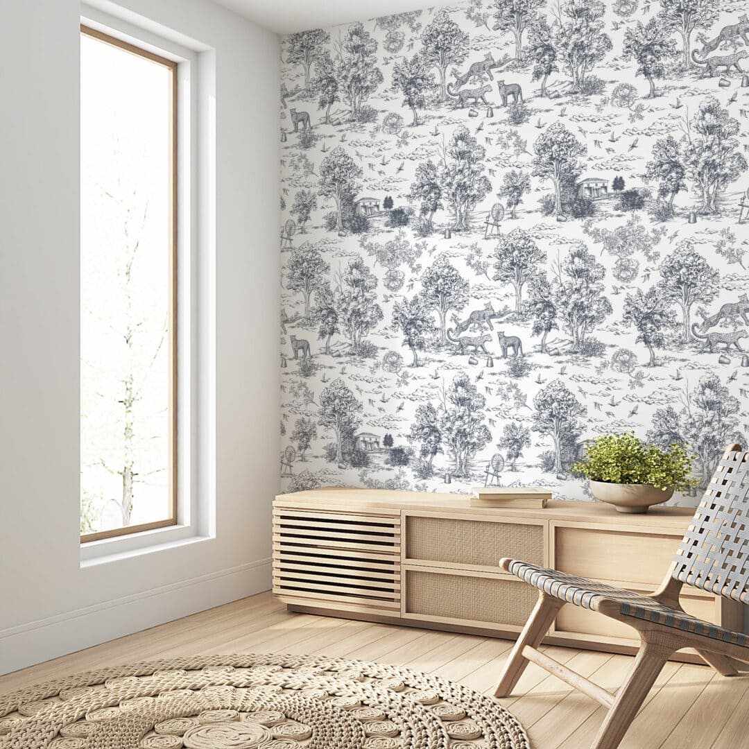 VICTOR - Papier peint jungle monochrome jaguar noir et blanc toile de jouy chambre