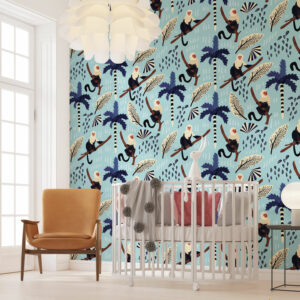 ZEPHYR - Papier peint motif lémurien tropical bleu chambre enfant
