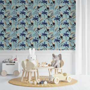ZEPHYR - Papier peint motif lémurien tropical bleu chambre bébé