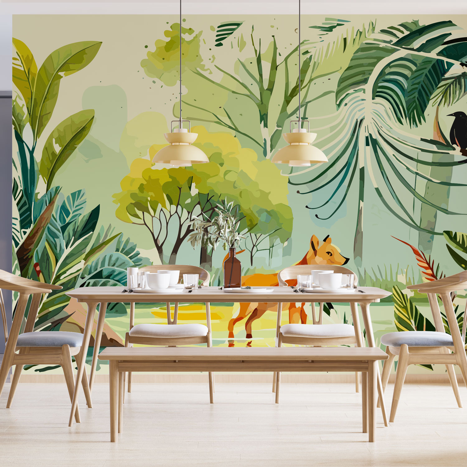 BASILE - Tapisserie jungle tropicale renard salle a manger