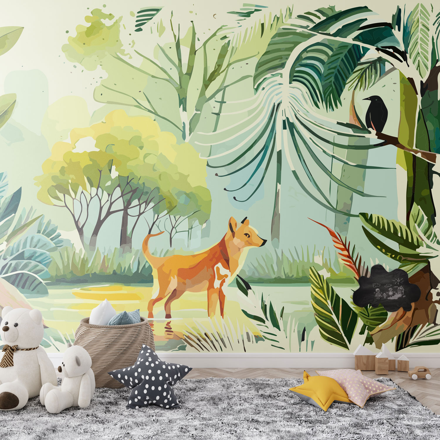 BASILE - Tapisserie jungle tropicale renard chambre bébé