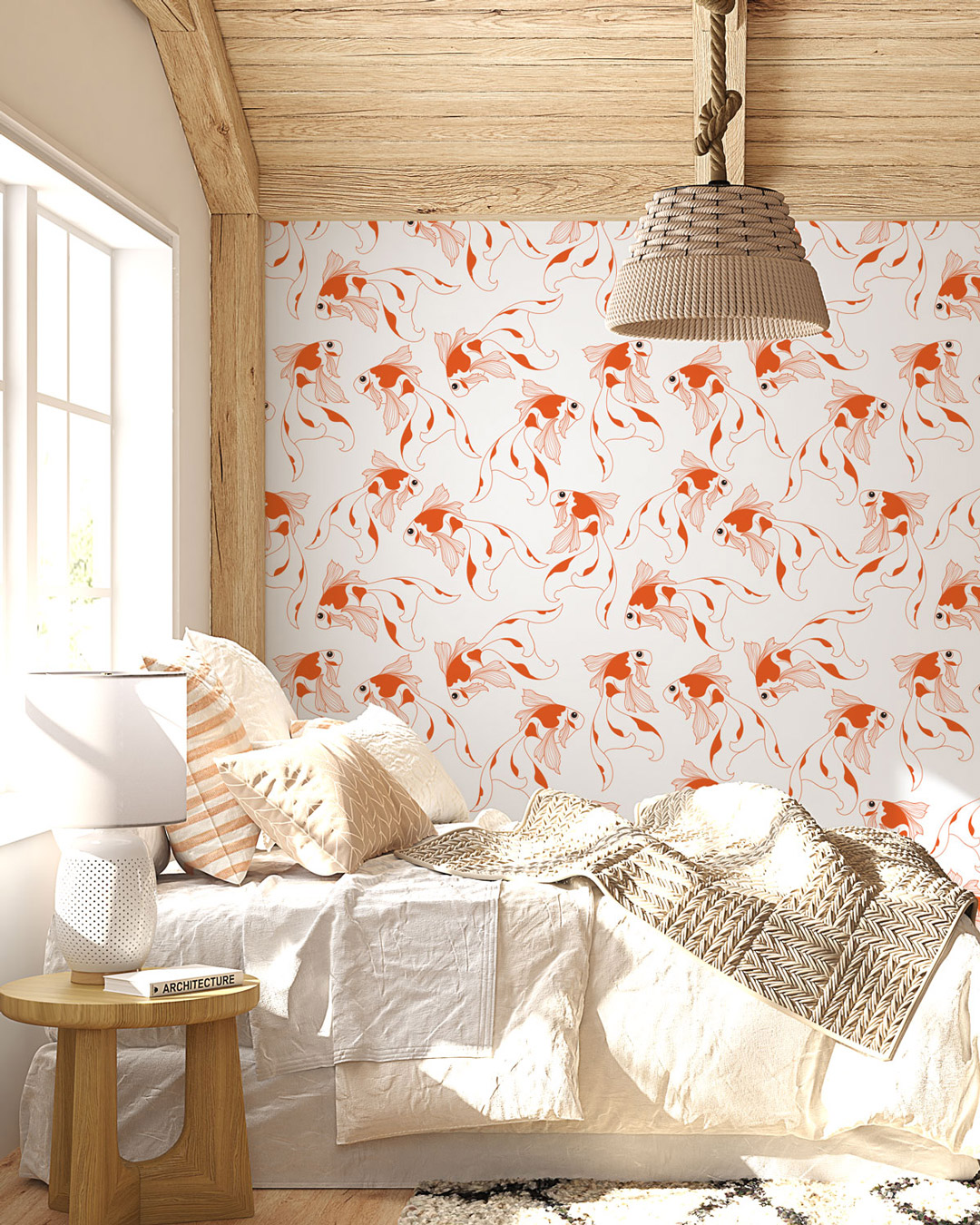 CHLOE - Papier peint motif poisson rouge chambre