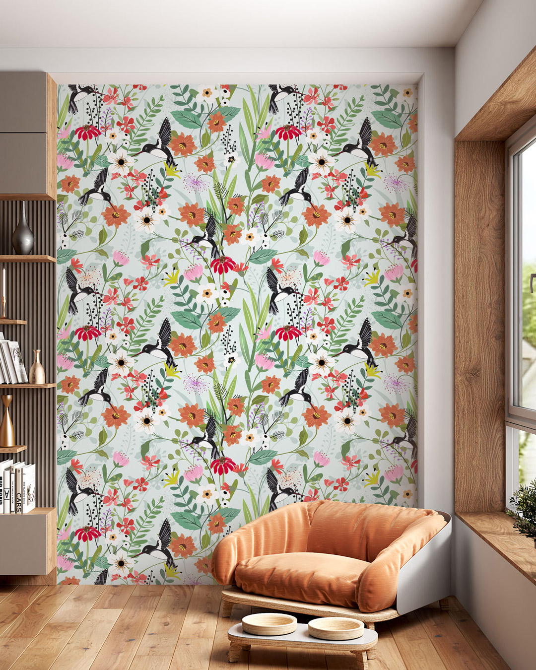 FANNY - Papier peint motif fleurs et oiseaux gracieux salon