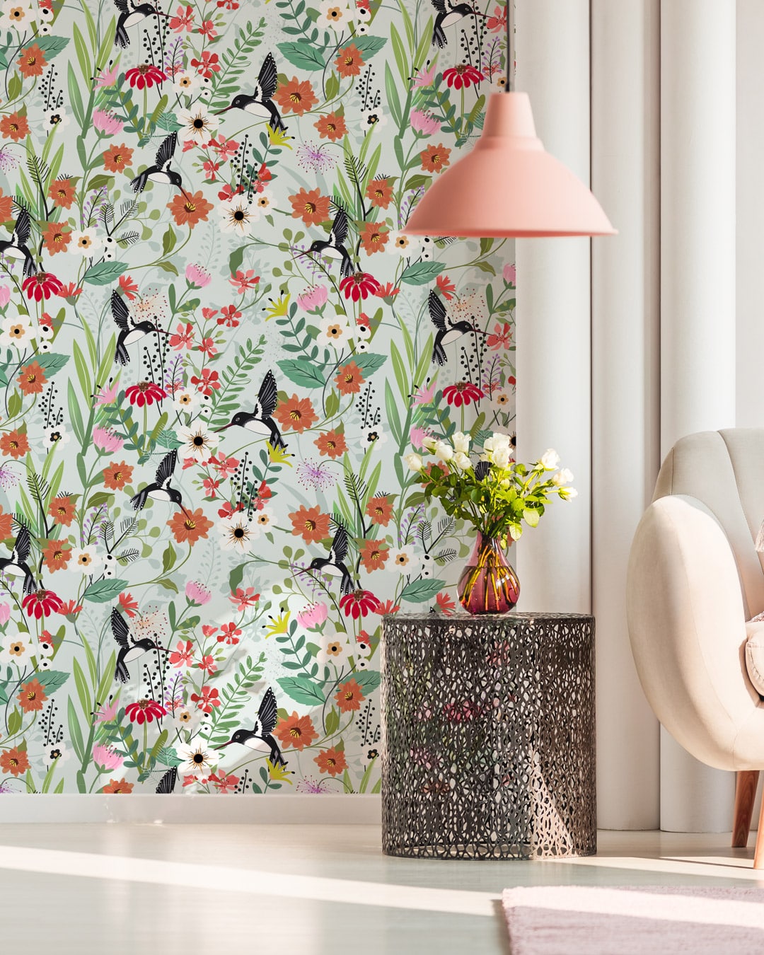 FANNY - Papier peint floral et oiseaux gracieux salon féminin