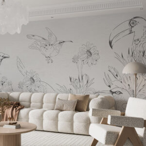 JUSTINE - Papier peint panoramique monochrome oiseaux nature salon