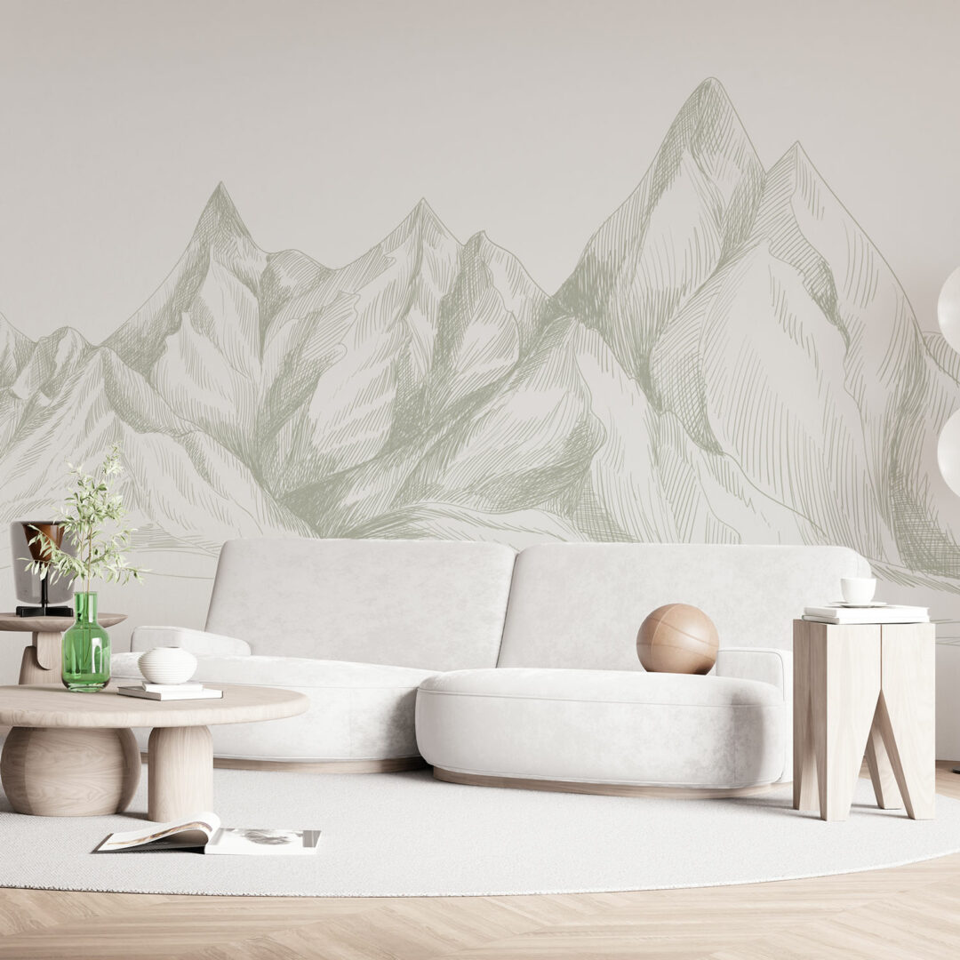 LEONIE - Papier peint panoramique chaine de montagnes sauge salon