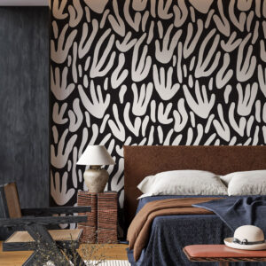 LUCETTE - Papier peint noir et blanc motif corail chambre