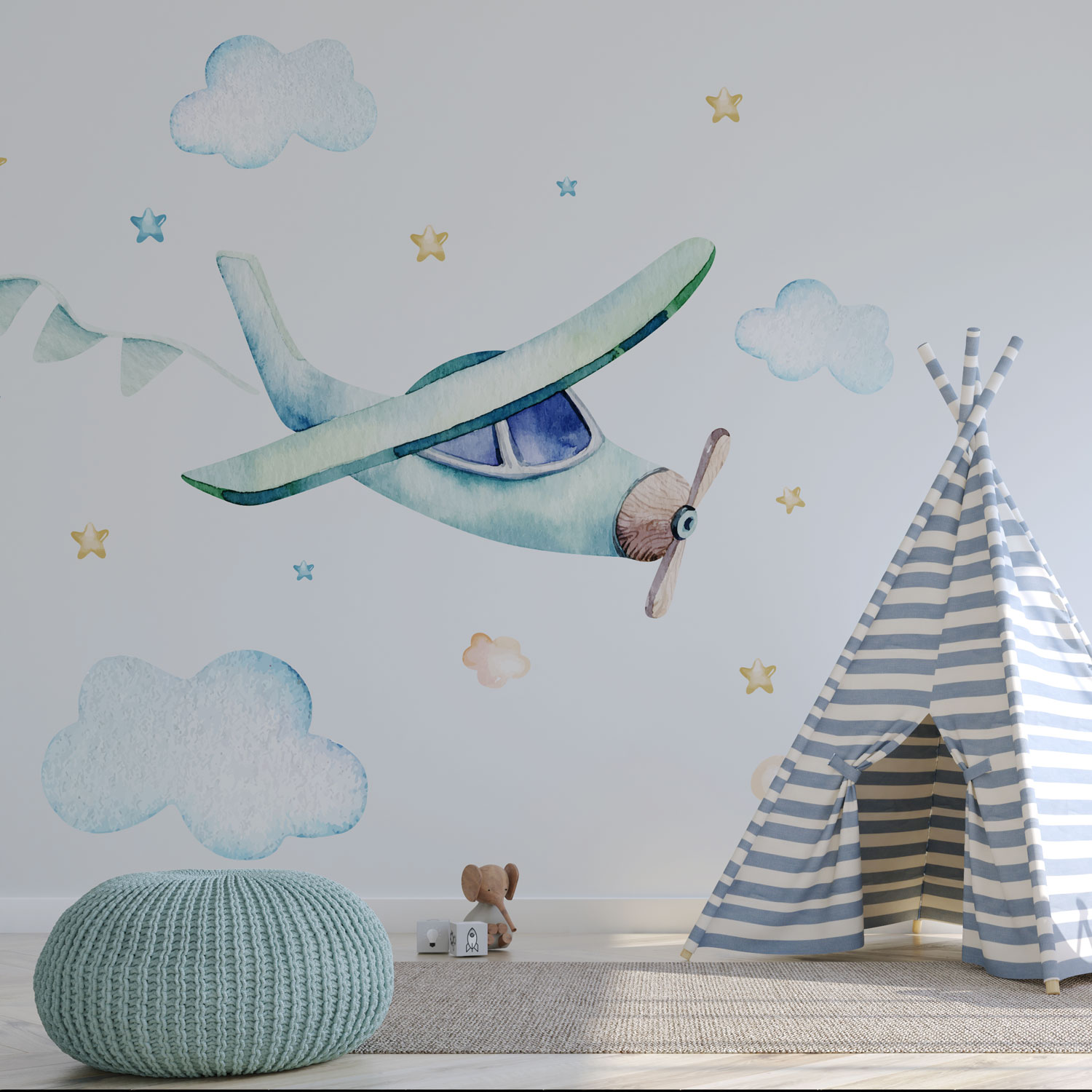 LUCIEN - Papier peint panoramique avion bebe garcon chambre enfant