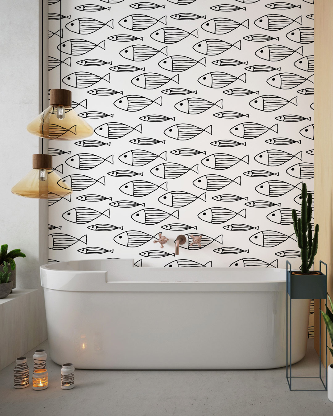 MALO - Papier peint motif poisson noir et blanc salle de bain