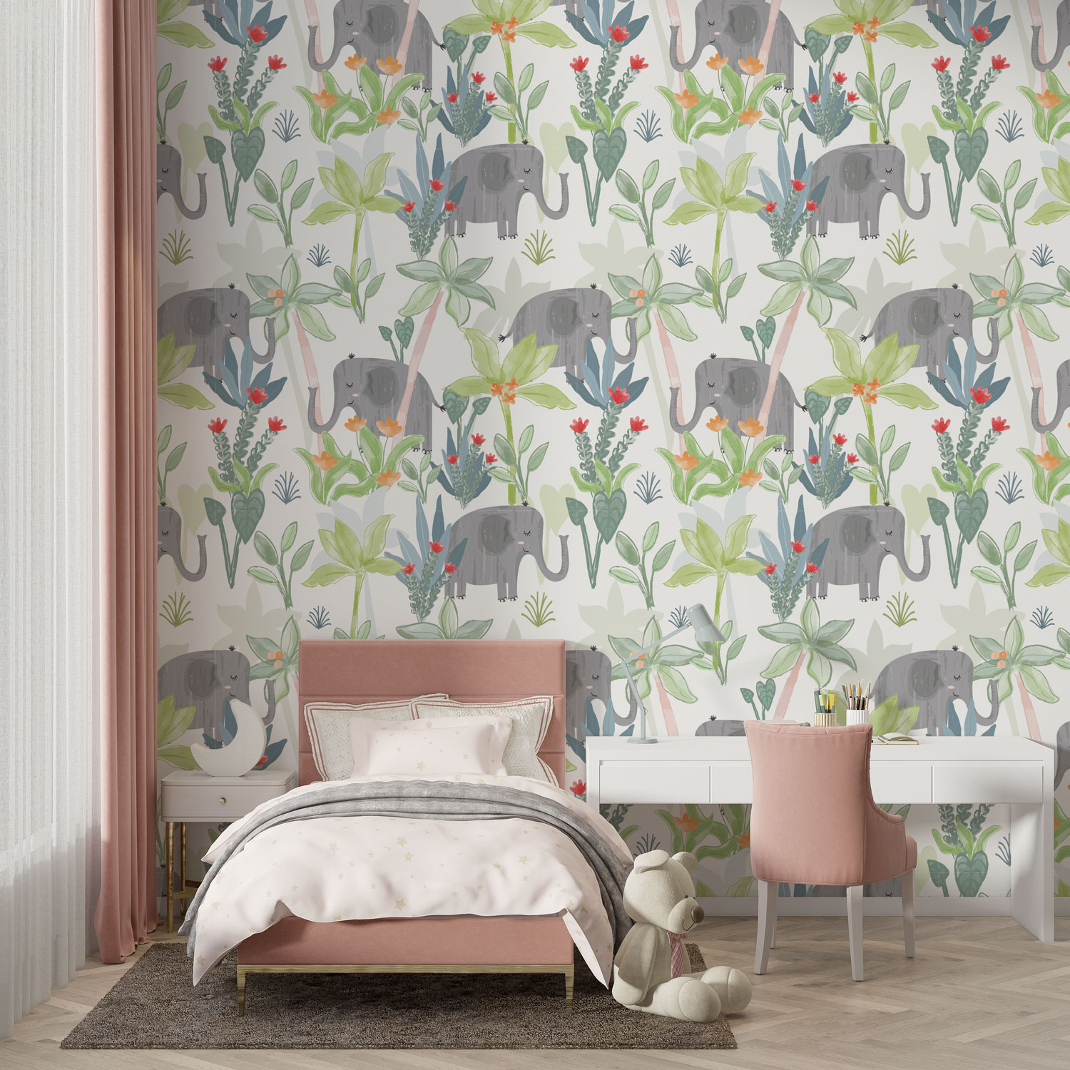 MARIUS - Papier peint motif éléphant jungle enfant chambre fille