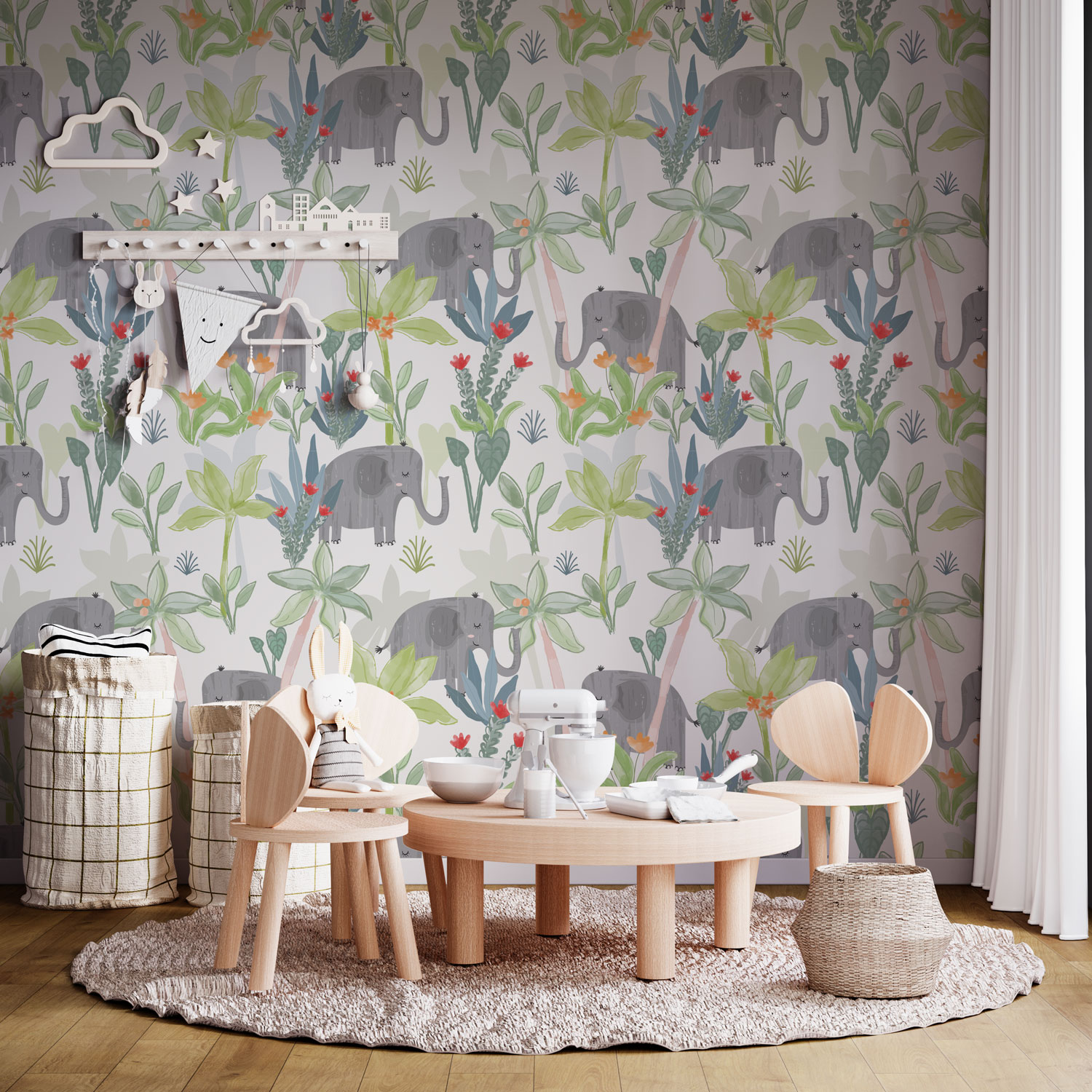 MARIUS - Papier peint motif éléphant jungle enfant chambre enfant