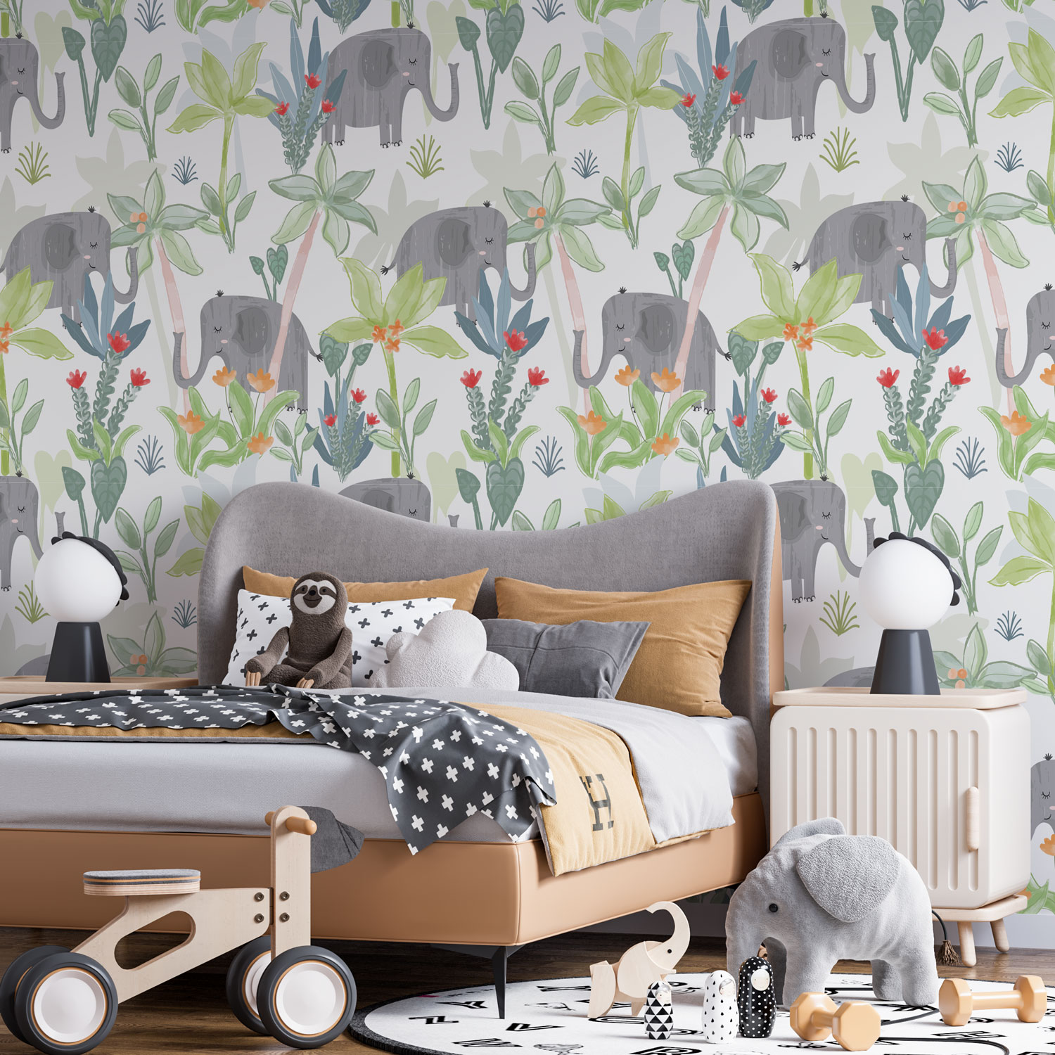 MARIUS - Papier peint motif éléphant jungle enfant chambre