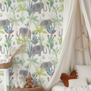 MARIUS - Papier peint motif éléphant jungle enfant chambre bébé
