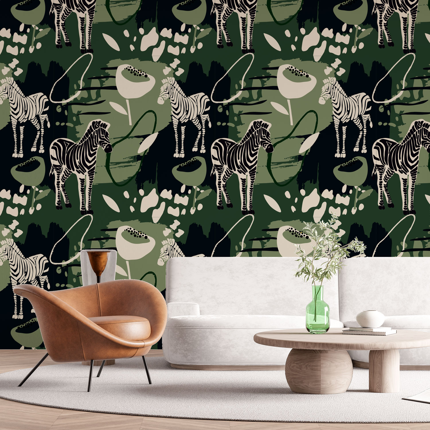 MARTIAL - Papier peint motif jungle zebre vert mur salon