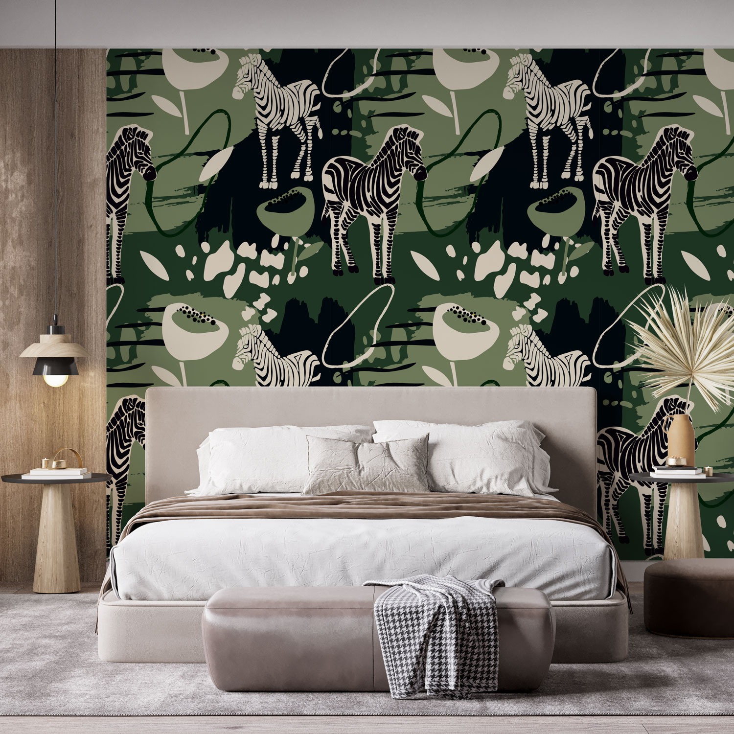 MARTIAL - Papier peint motif jungle zebre vert mur chambre