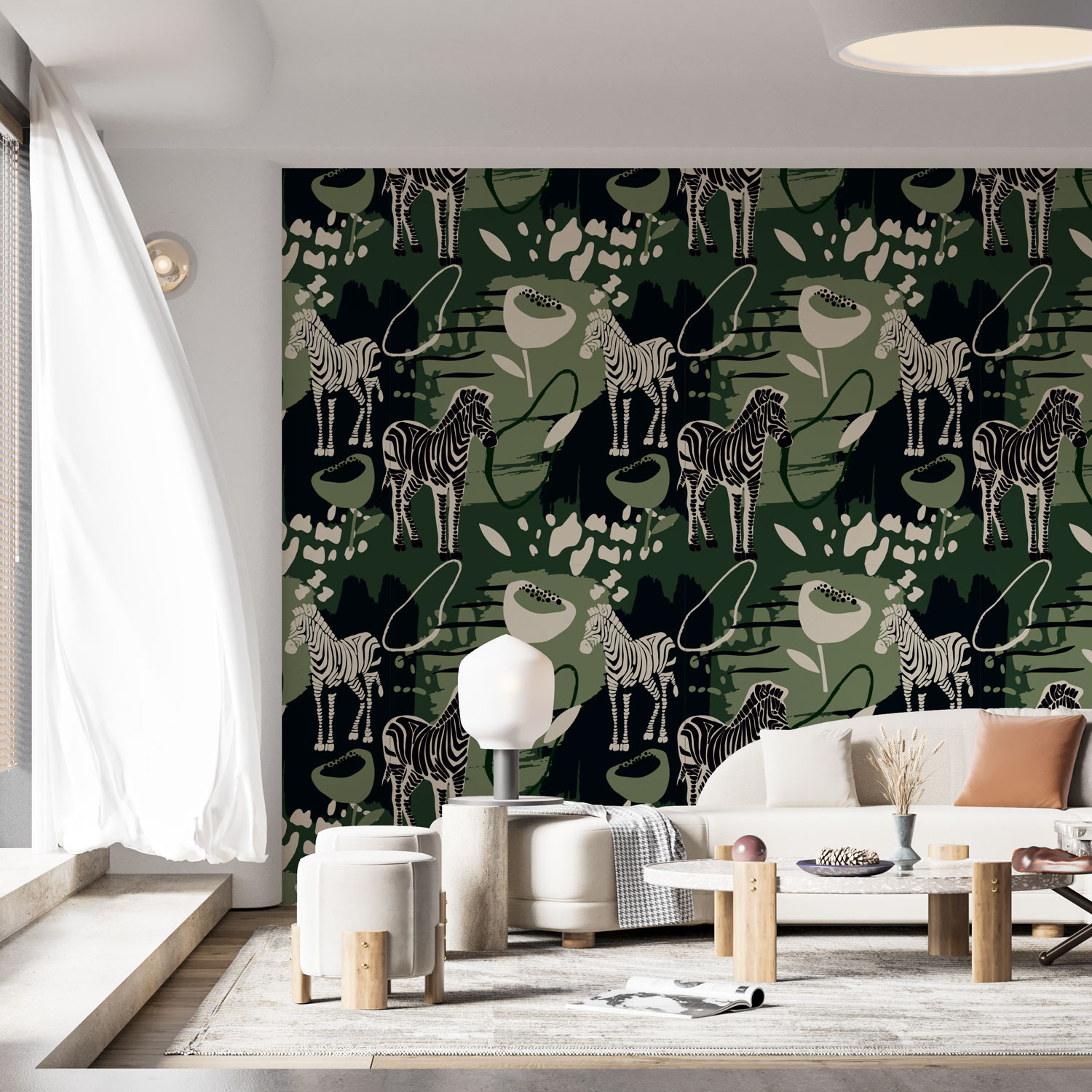 MARTIAL - Papier peint motif jungle zebre vert salon