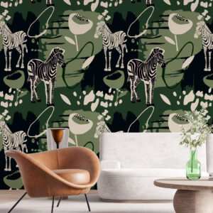 MARTIAL - Papier peint motif jungle zebre vert mur salon