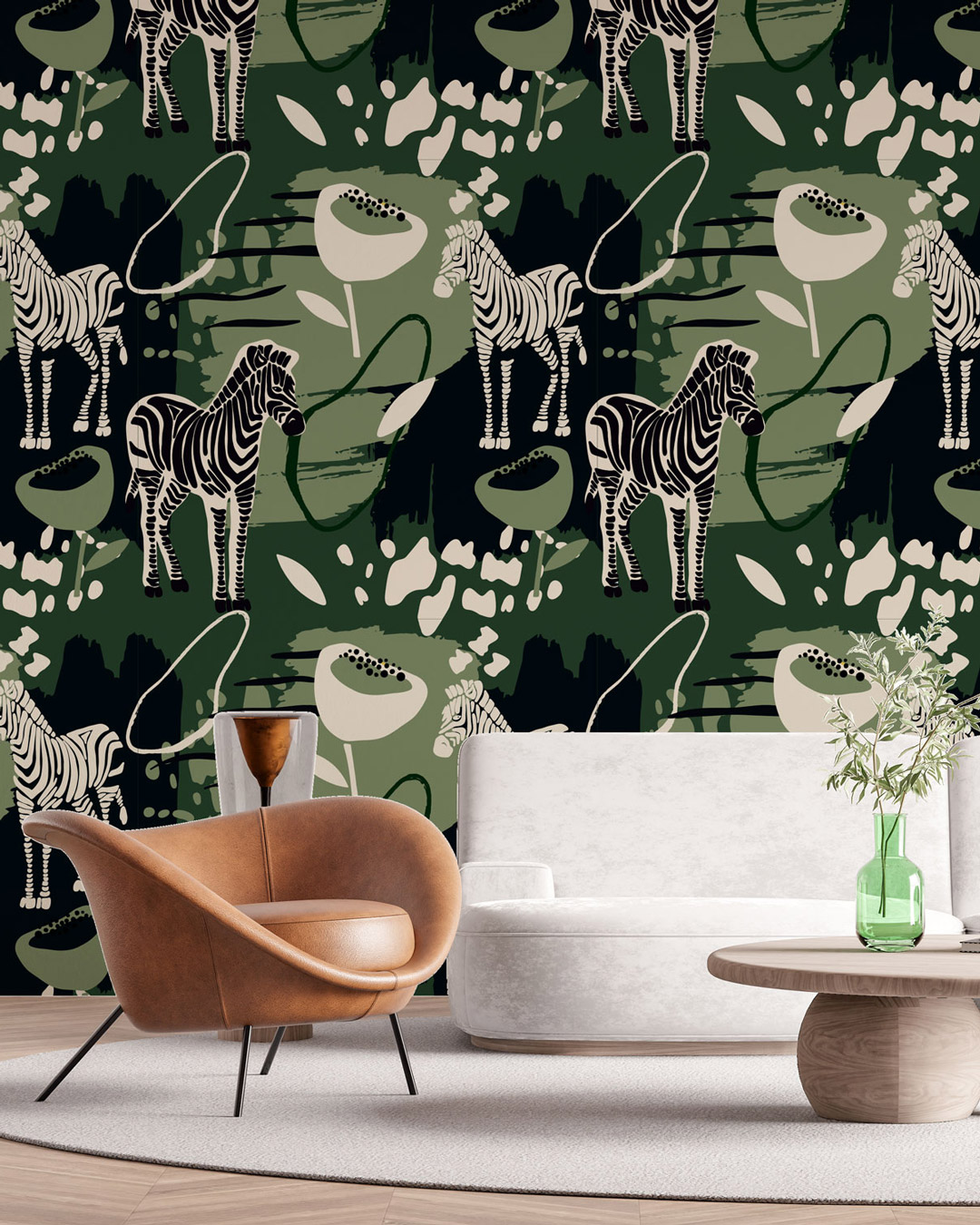 MARTIAL - Papier peint motif jungle zebre vert mur salon