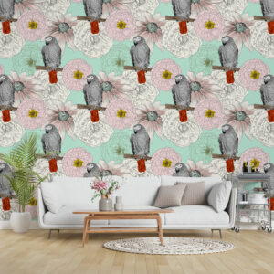 NADINE - Papier peint motif perroquet et fleur blanche salon