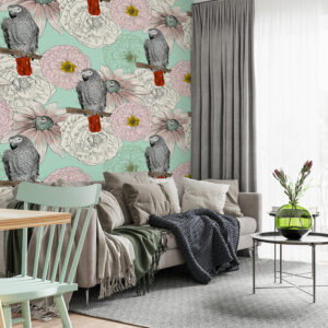 NADINE - Papier peint motif perroquet et fleur blanche salle à manger