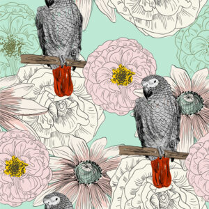 NADINE - Papier peint motif perroquet et fleur blanche