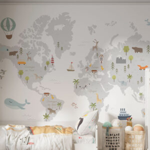 SIMON - Papier peint panoramique carte du monde animaux enfant chambre