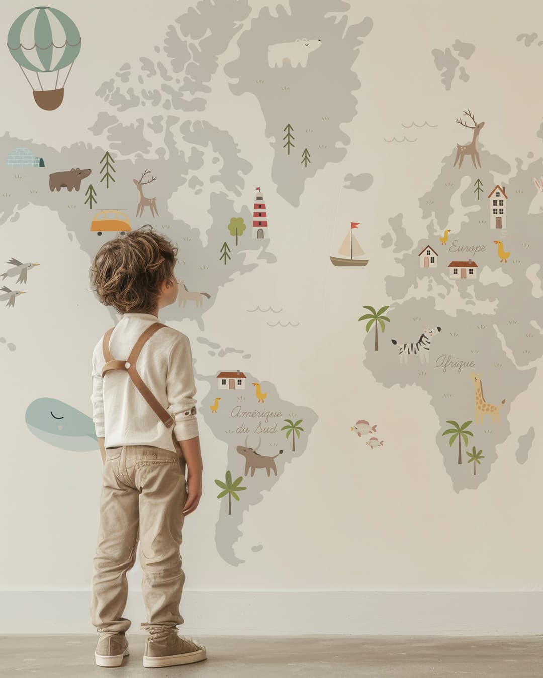 SIMON - Papier peint carte du monde animaux chambre garçon