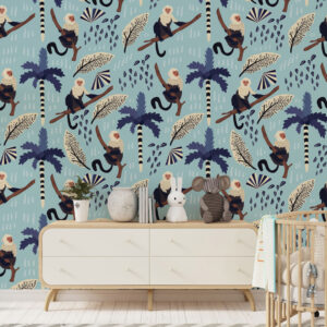 ZEPHYR - Papier peint motif lémurien tropical bleu chambre petit garcon