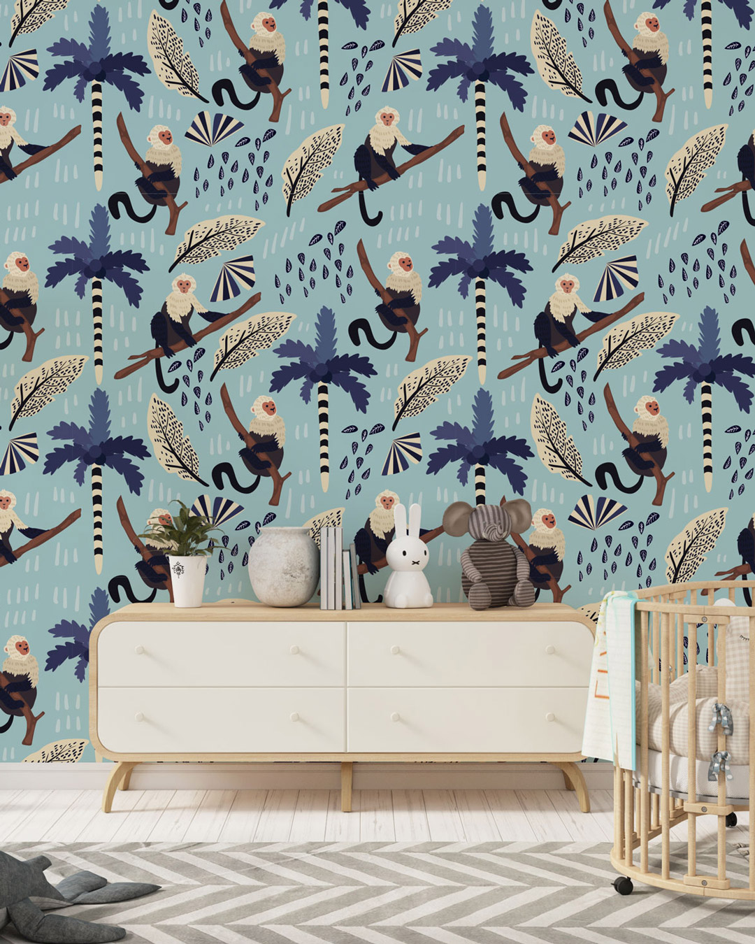 ZEPHYR - Papier peint motif lémurien tropical bleu chambre petit garcon