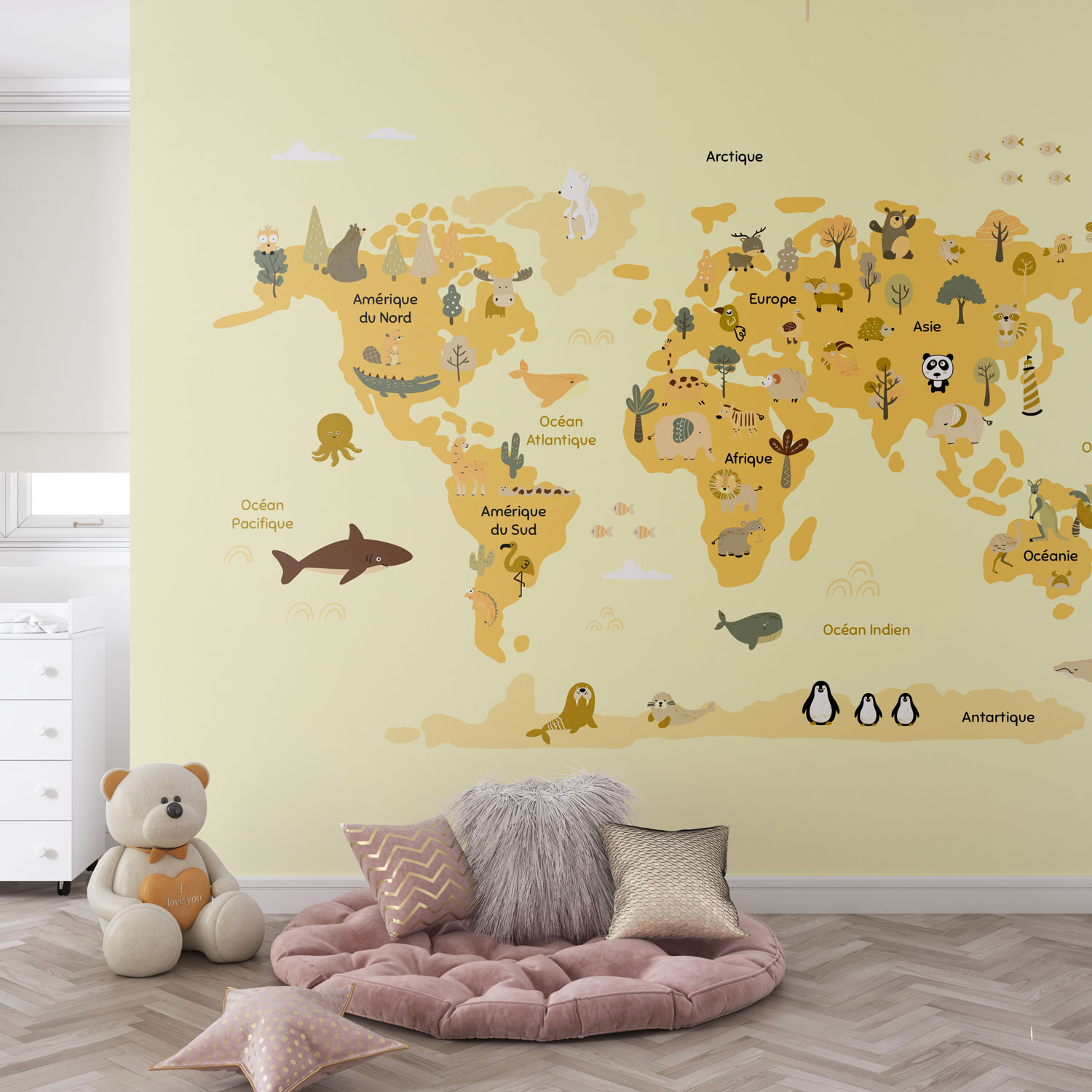 ALICE - Papier peint carte du monde en français chambre bebe