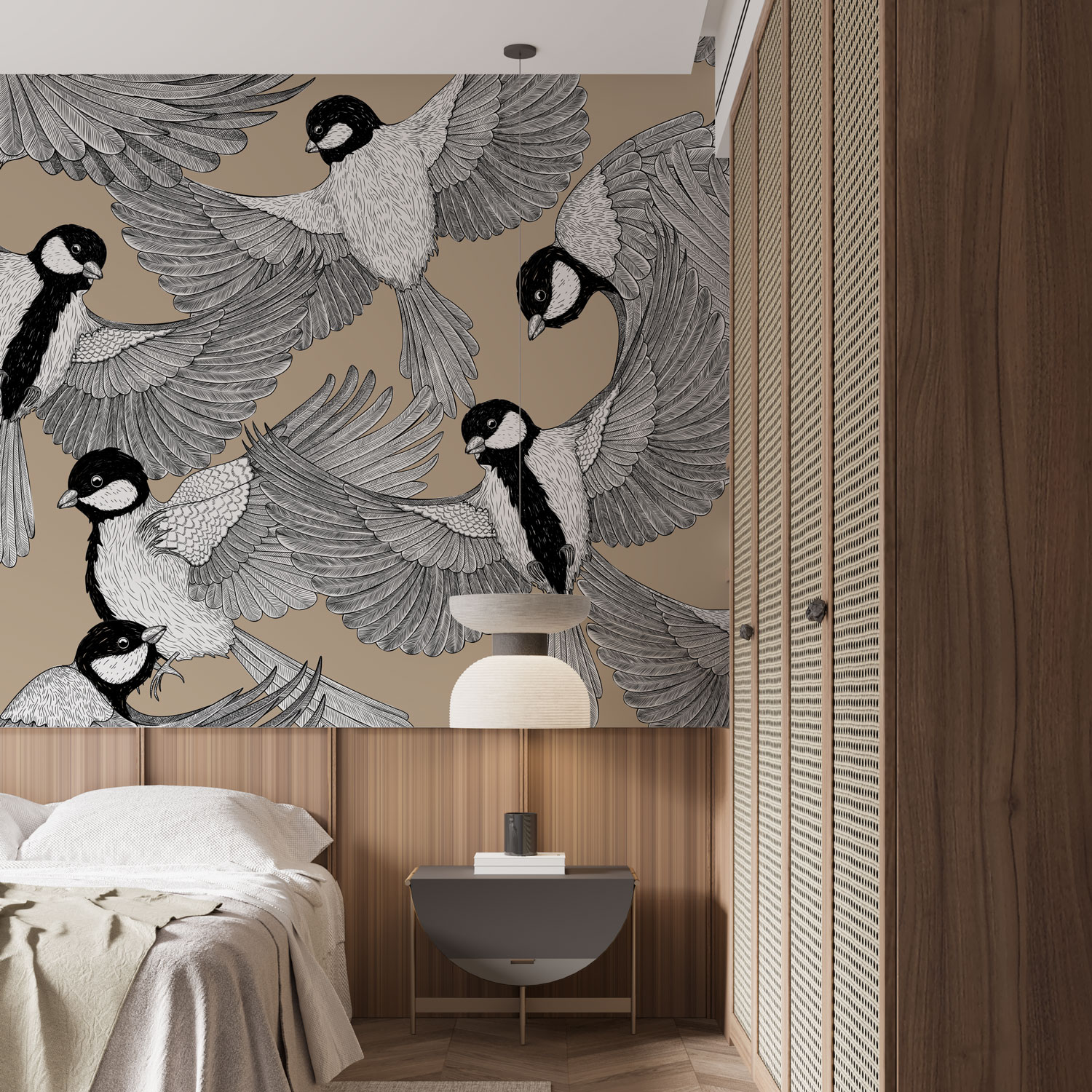 LILA - Papier peint oiseau mésange charbonnière chambre