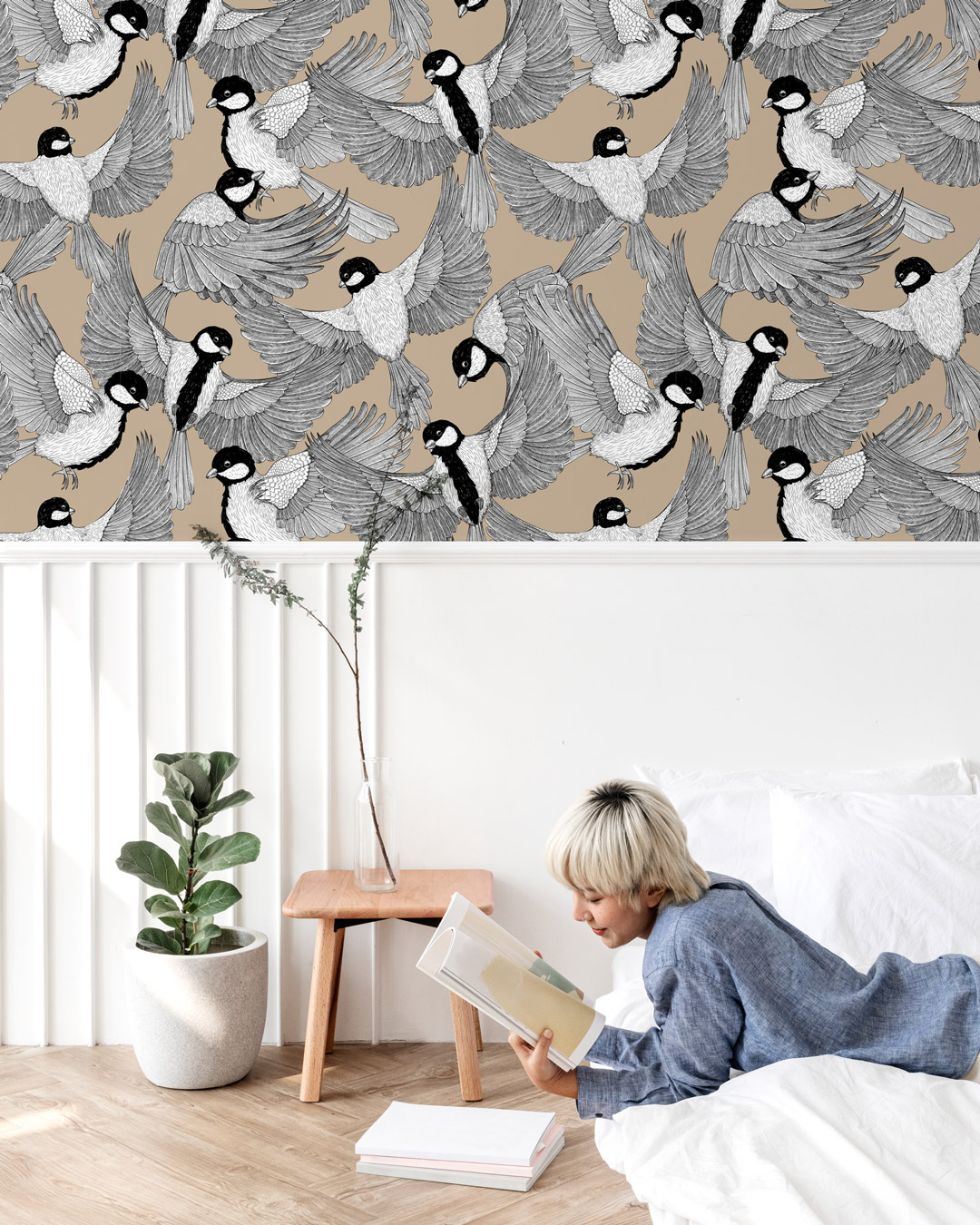 LILA - Papier peint oiseau mésange charbonnière chambre parentale