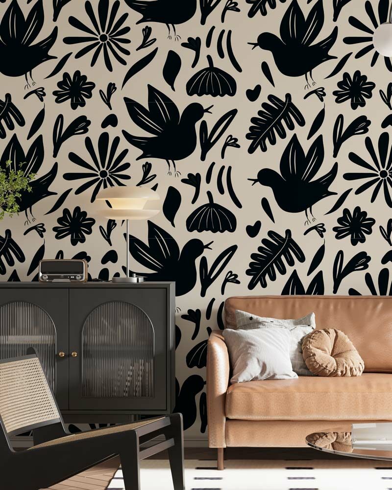 ELIOTT - Papier peint champetre noir et blanc salon