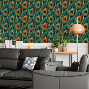 MARGAUX - Papier peint plume de paon salon