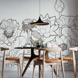 PAUL - Papier peint panoramique fleurs noir et blanc salle à manger