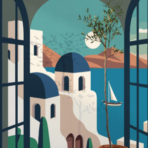 ARIANA - Poster géant fenêtre sur Santorin salon