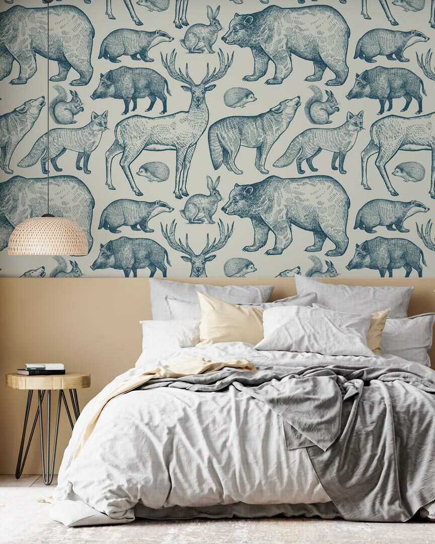 AXEL - Papier peint animaux foret inspiration toile de jouy chambre