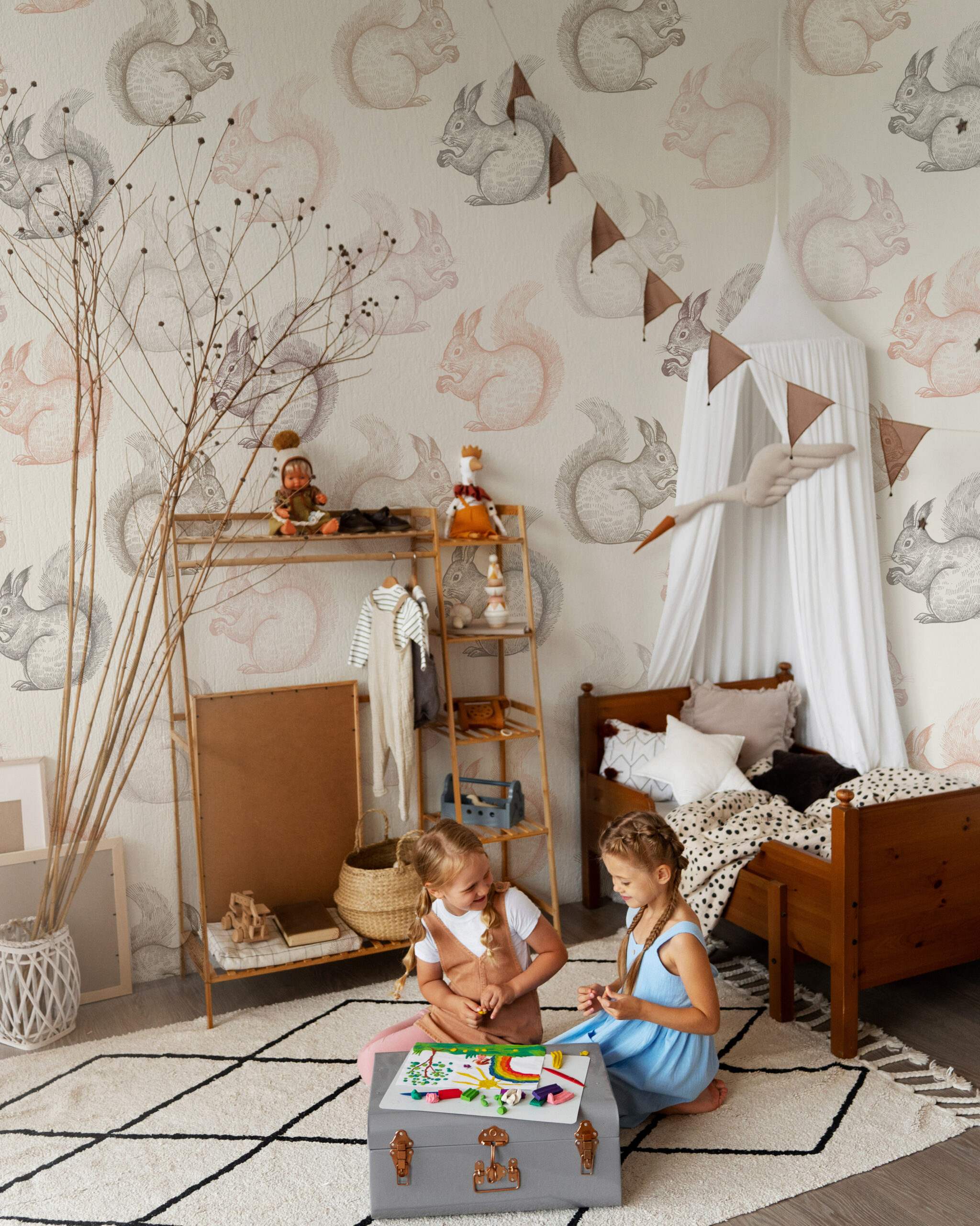 CELESTE - Papier peint écureuil rose chambre fille enfant