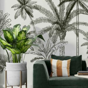 MAHAUT - Papier peint palmier noir et blanc salon