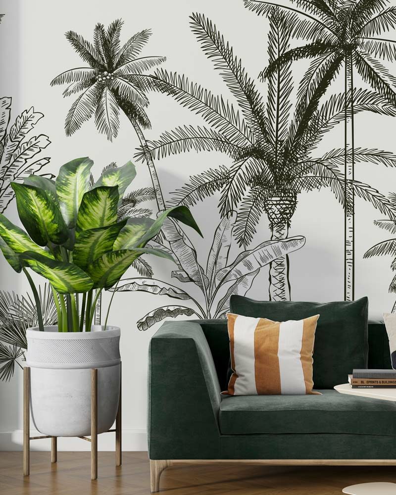 MAHAUT - Papier peint palmier noir et blanc salon