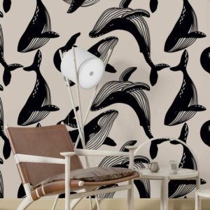 MARIN - Papier peint baleine noir et blanc hall d'entrée