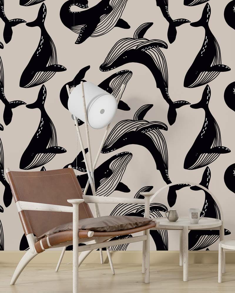 MARIN - Papier peint baleine noir et blanc hall d'entrée