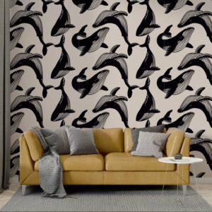 MARIN - Papier peint baleine noir et blanc salon