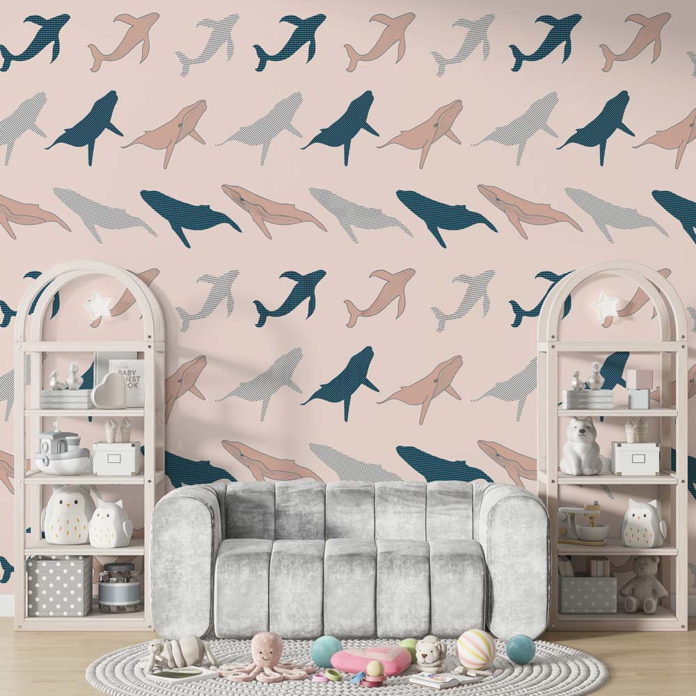 ROSE - Papier peint baleine enfant chambre fille